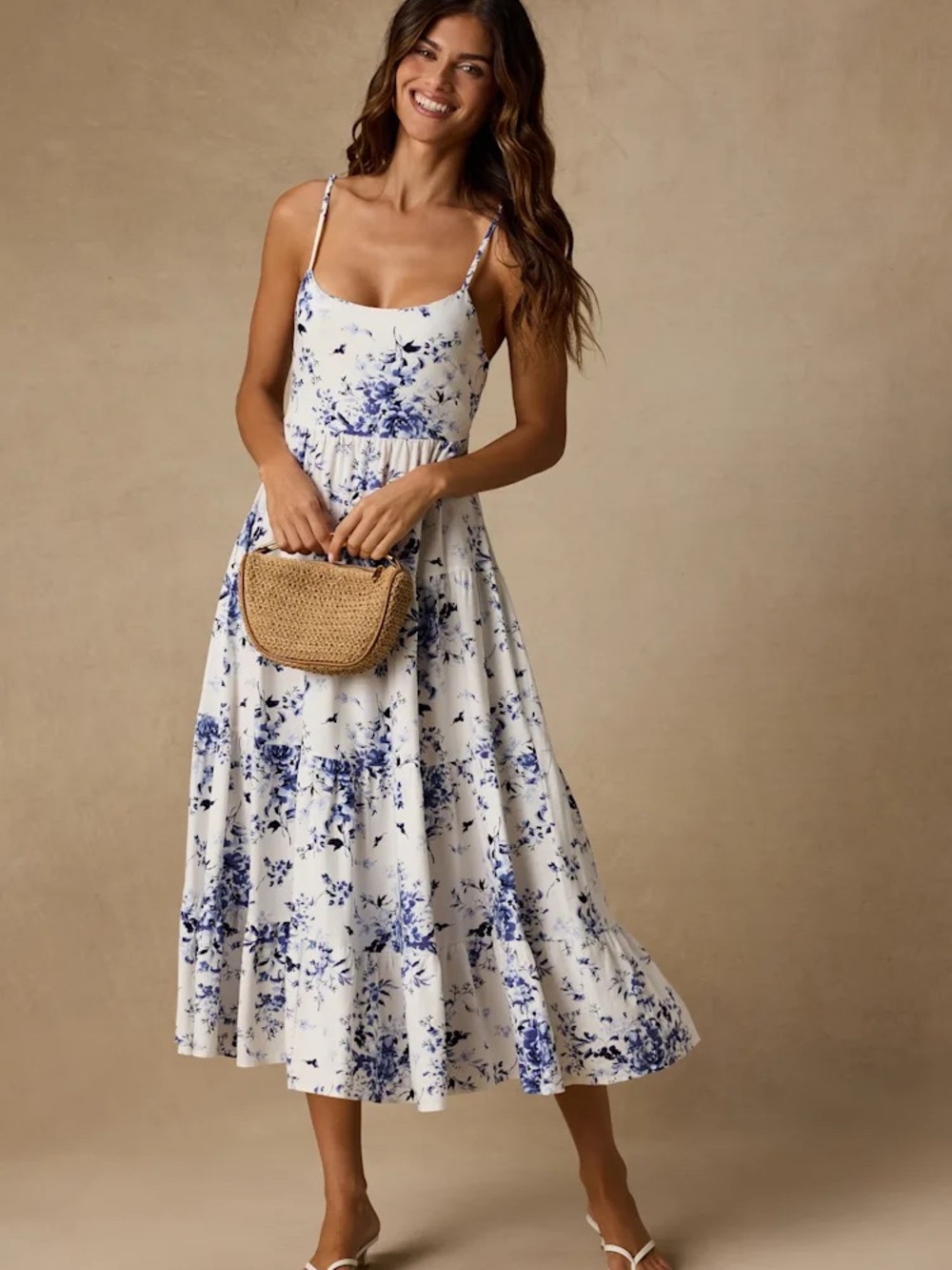 Lulu's Mykonos Mood Ivory Floral Print Tie-Strap Tiered Midi Dress